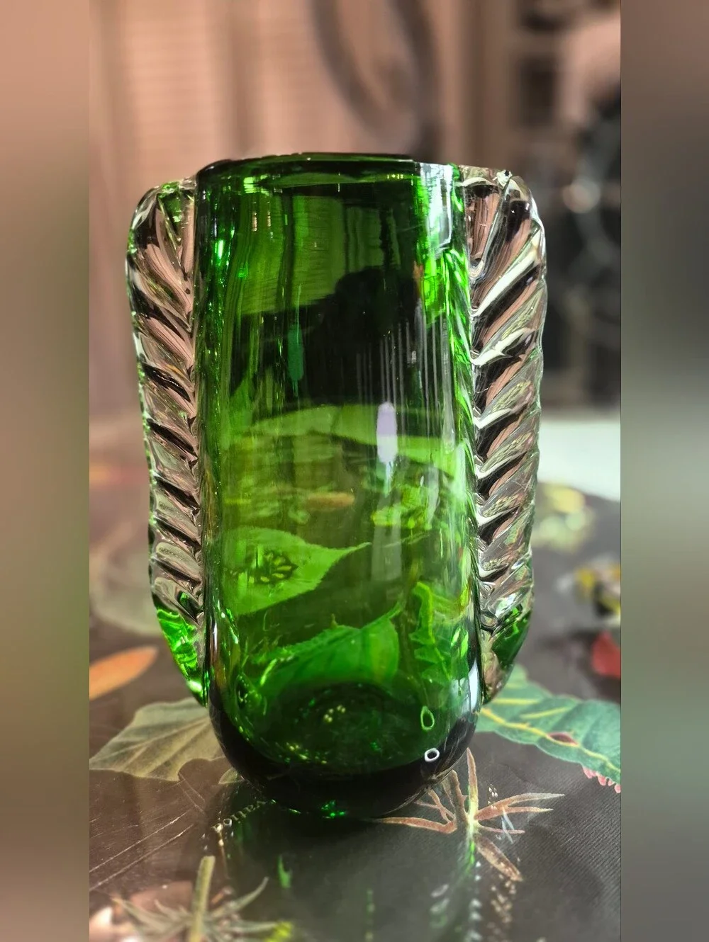 Green Glass Decorative Vase with Twisted Clear Handles